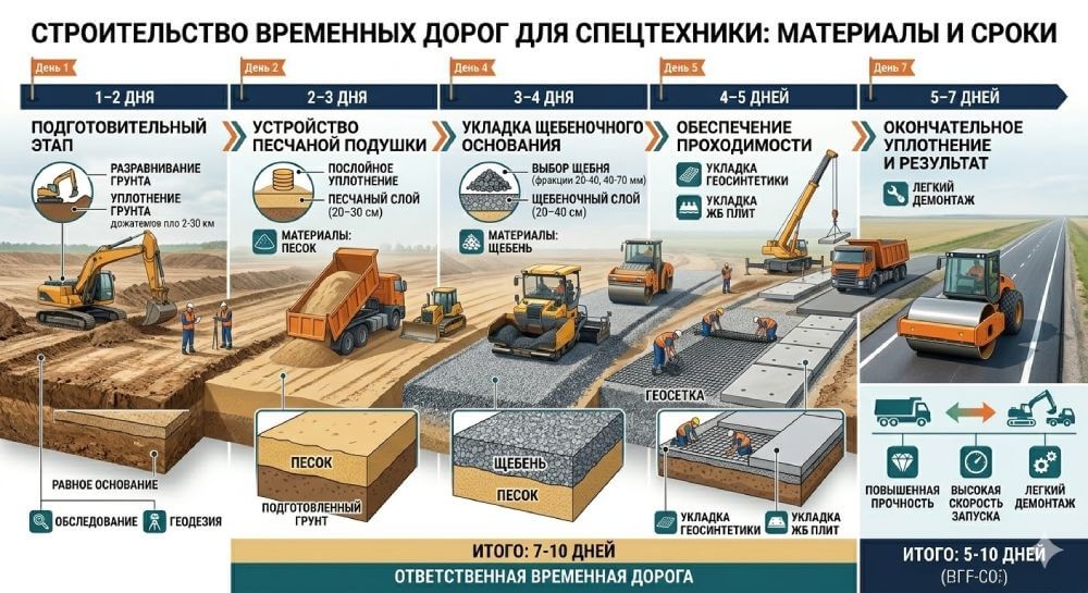 Строительство временных дорог для спецтехники: материалы и сроки